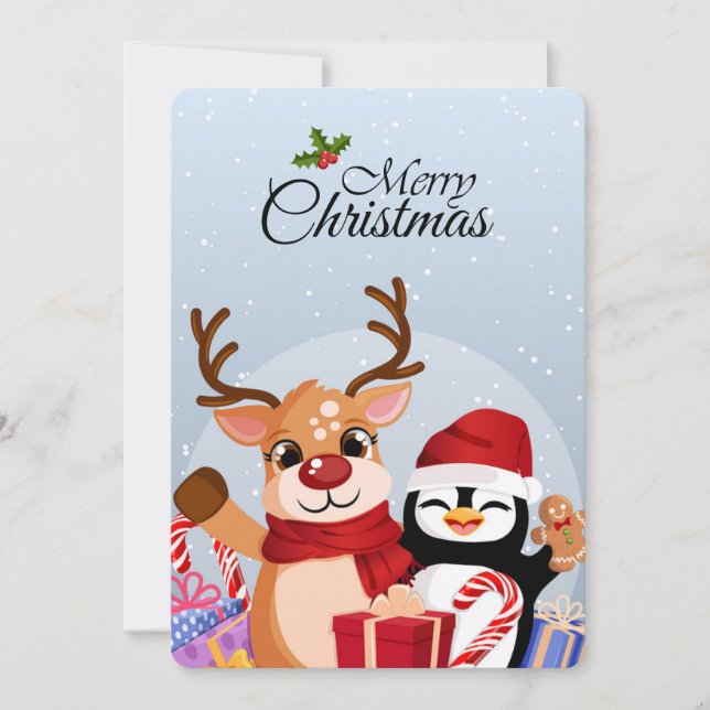 Söt ren & pingvin med julklappar julkort (Framsida)