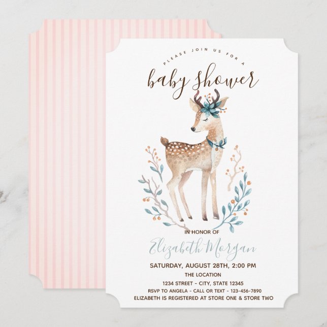 Söt Ren Pink Stribig Bebis Babyshower  Inbjudningar (Fram/baksida)