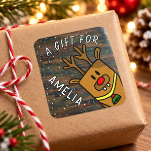 Söt Ren Trä Barn Namn Julpresent Fyrkantigt Klistermärke
