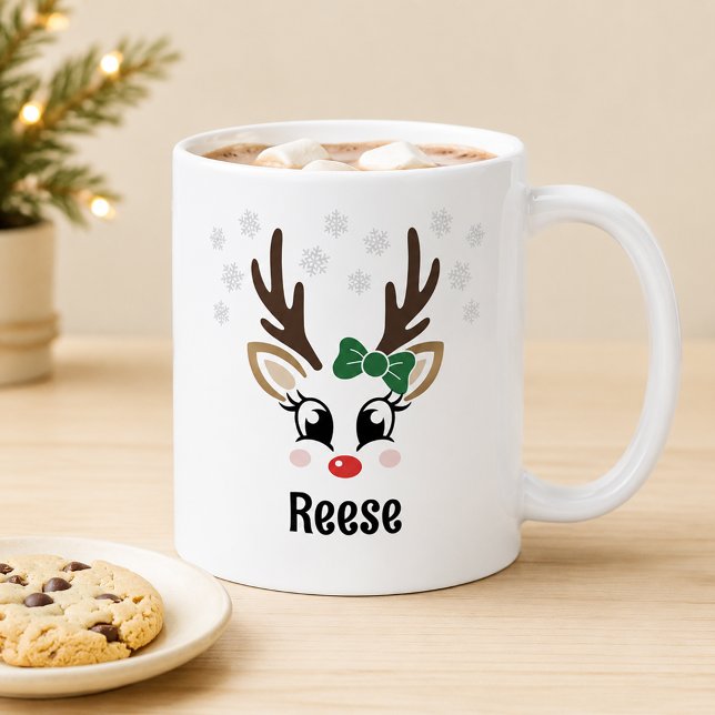 Söt Renflicka Grön Båge Snöflinga Kaffemugg (Skapare uppladdad)