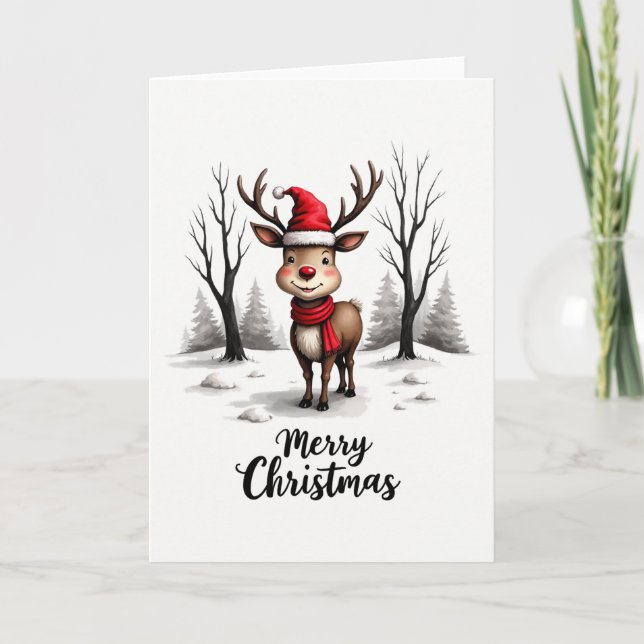 Söt rensdyr tomteluva röd halsduk God Jul Kort (Framsida)
