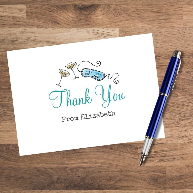 Söt Retro 1960-tals Cocktailparty Tacksamhetskort Tack Kort (Champagne coupes, an eye mask, and retro typography give this glam 1960s thank you card flair.)