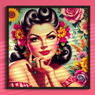 Söt retro blommig pinup-porträtt poster