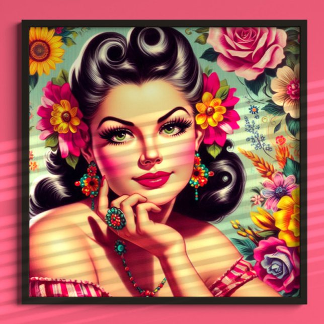 Söt retro blommig pinup-porträtt poster (Skapare uppladdad)