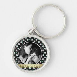 Söt Retro Blommigt Black Mönster Photo Rund Silverfärgad Nyckelring