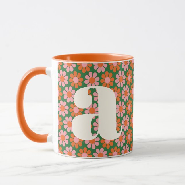 Söt Retro Blommor Grön Rosa Monogram Anpassad Mugg (Vänster)