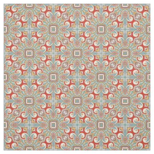 Söt Retro Chic Red Teal Blommigt Mosaic Mönster Tyg (Provkarta)