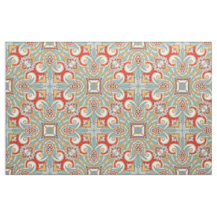 Söt Retro Chic Red Teal Blommigt Mosaic Mönster Tyg