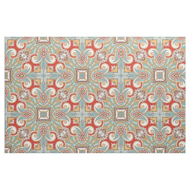 Söt Retro Chic Red Teal Blommigt Mosaic Mönster Tyg (Fat Quarter)