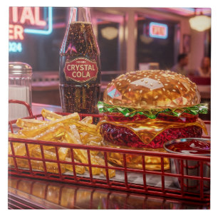 Söt Retro Diner   Kristallin Burger och Pommes Kakelplatta