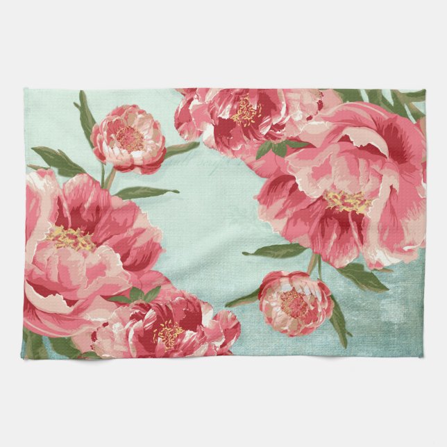 Söt Retro Flower Chintz Peonies Personlig Kökshandduk (Horisontell)