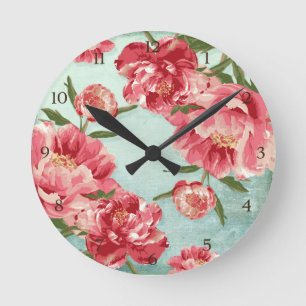 Söt Retro Flower Chintz Peonies Personlig Rund Klocka