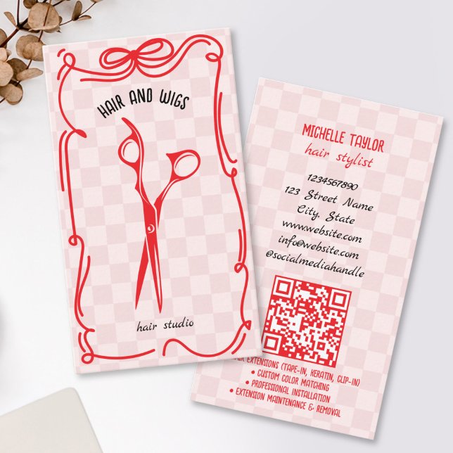 Söt Retro Frisör Whimsical Klotter Röd Rosa Visitkort (cute red and pink doodle scissors business cards
)