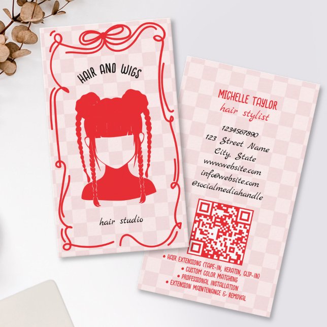 Söt Retro Frisör Whimsical Klotter Röd Rosa Visitkort (Cute Retro Hair Stylist Whimsical Doodle Red Pink Business Card)