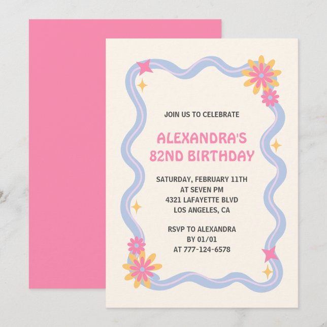Söt Retro Groovy Rosa Blommor 82-årsdag  Inbjudningar (Fram/baksida)
