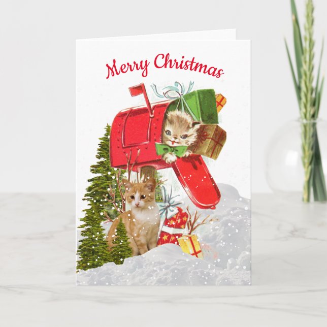 Söt retro julkatt / brevlåda högtidskort tack kort (Framsida)