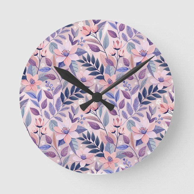 Söt Retro Lilac Blommigt Illustration Rund Klocka (Framsida)