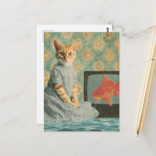 Söt Retro Ljusbrun Katt Med Guld Fisk Retro Collag Vykort