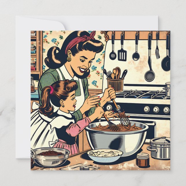 Söt retro-mamma och dotter som bakar tillsammans kort (Framsida)