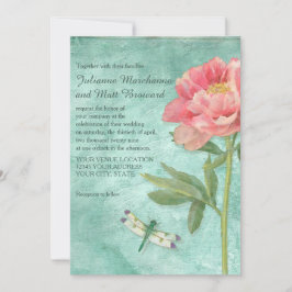 Söt Retro Peony Flowers n Dragonfly Inbjudningar