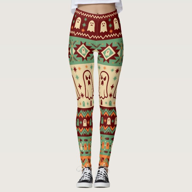 Söt Retro Spöke ,Vintage Halloween Aztec Marknad  Leggings (Framsida)