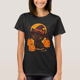 Söt Retro Svart Katt Häxa Pumpa Halloween T Shirt
