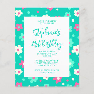 Söt Retro Turkos Blommig Djärv 21-årsdag Flygblad