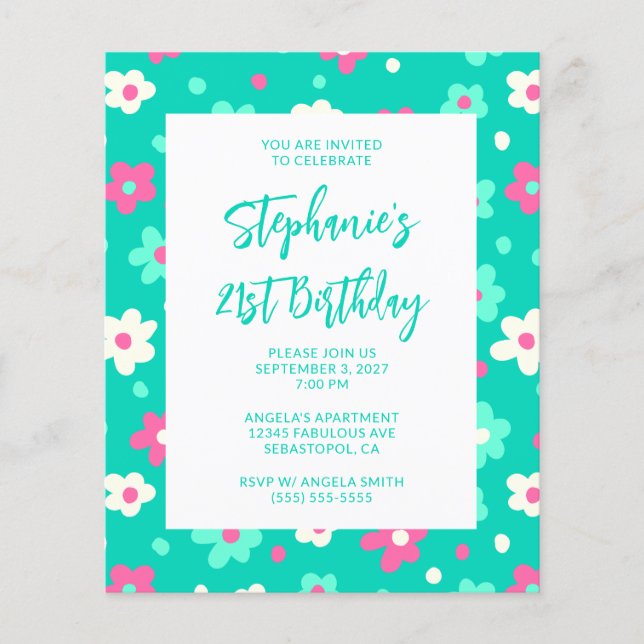 Söt Retro Turkos Blommig Djärv 21-årsdag Flygblad (Framsidan)