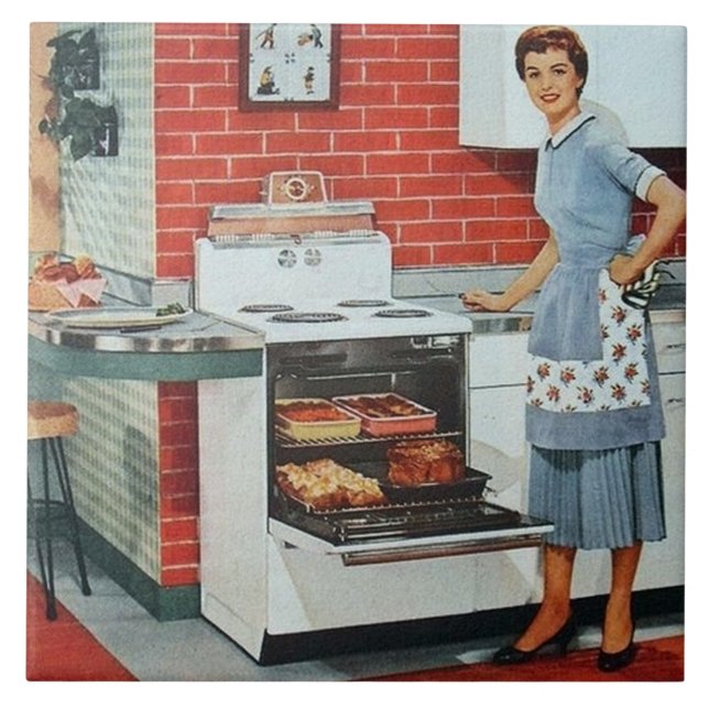 söt retro vintage matlagning kök dam kakelplatta (Framsidan)