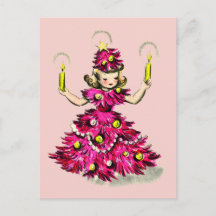 Söt Retro Vintage Rosa Julgran Flicka