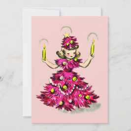 Söt Retro Vintage Rosa Julgran Flicka Julkort
