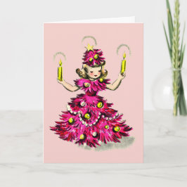 Söt Retro Vintage Rosa Julgran Tjej Helgkort