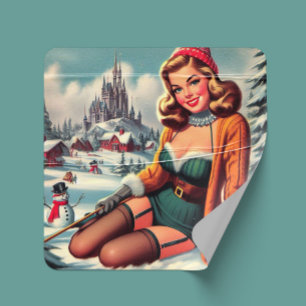Söt Retro Vinter Pin-up Fyrkantigt Klistermärke