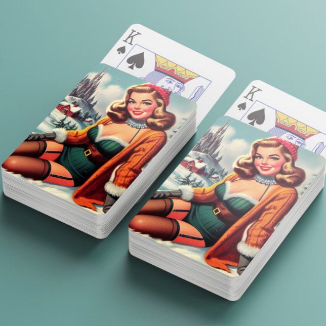 Söt Retro Vinter Pinuppa Casinokort (Skapare uppladdad)