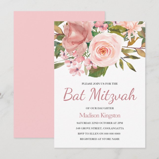 Söt Ro Guld Rosa Flowers Bat mitzvah Inbjudan (Fram/baksida)