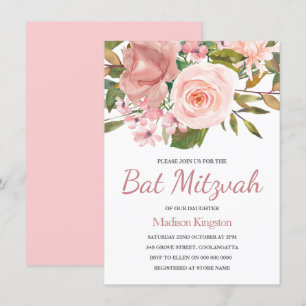 Söt Ro Guld Rosa Flowers Bat mitzvah Inbjudan
