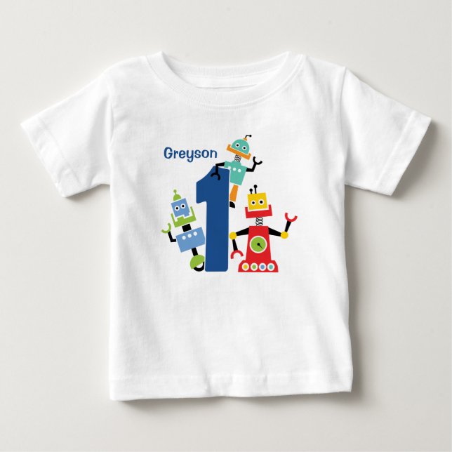 Söt Robot Första Födelsedags T-shirt robotar (Framsida)