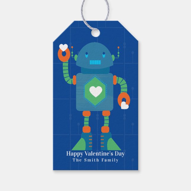 Söt Robot Glad Alla Hjärtans Dag Blå Presentetikett (Framsidan)
