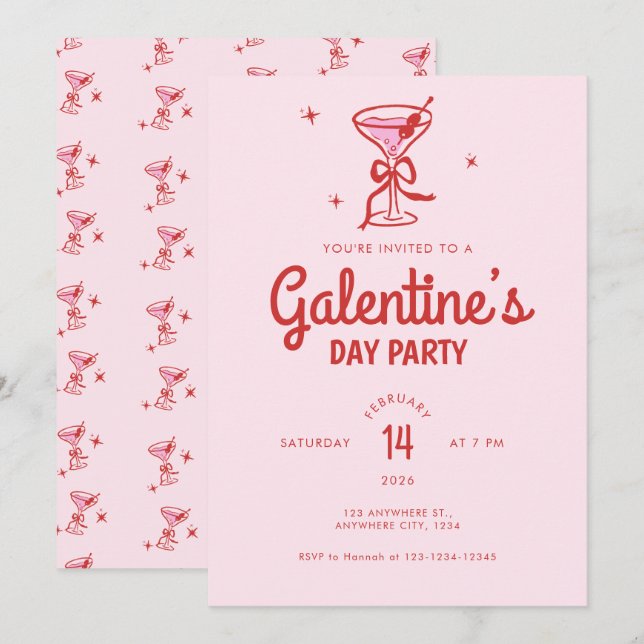 Söt Röd Båge Cocktail Galentine's Day-fest Inbjudningar (Fram/baksida)