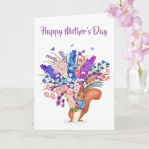 Söt röd ekorre med blommor mors dagskort kort
