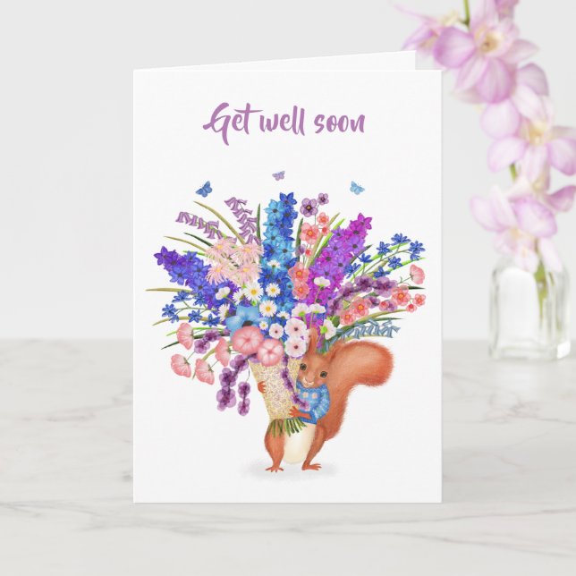 Söt röd ekorre med blommor Snart frisk kort (Orkide)