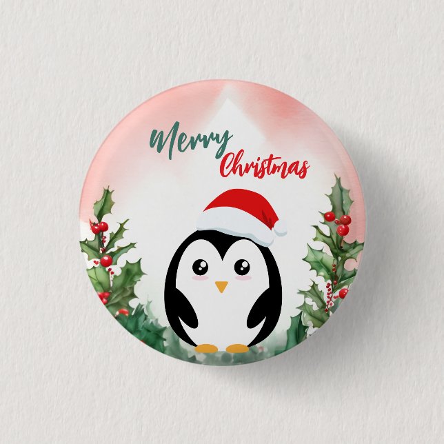 Söt röd glad jul pingvin tomte julfest knapp (Framsida)