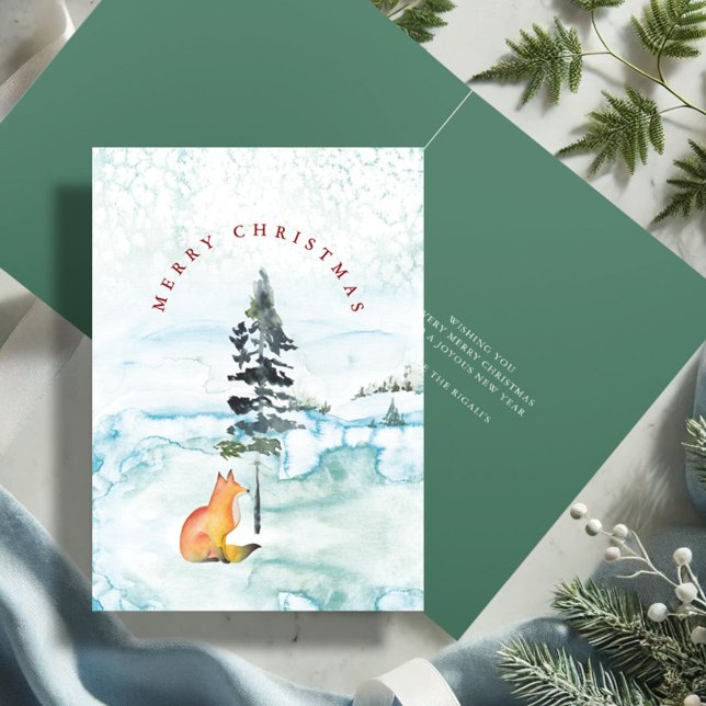Söt Röd & Grön Räv Akvarell Jul Helgkort (Cute Christmas cards watercolor fox and pine tree art by Victoria Grigaliunas Do Tell A Belle)