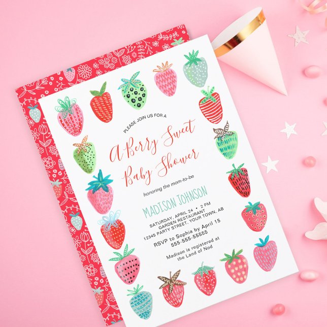 Söt röd jordgubbs baby shower budgetinbjudan (Cute Red Strawberry baby shower budget invitation)