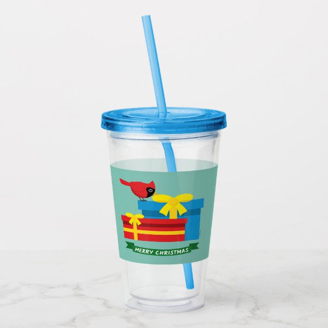 Söt röd kardinal öppnar en blå present take away mugg (Vänster)