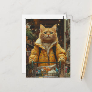 Söt röd katt handlar matvaror vykort