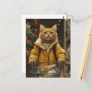 Söt röd katt handlar matvaror vykort