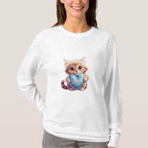 Söt röd katt med blått hjärta vit långärmad t shirt