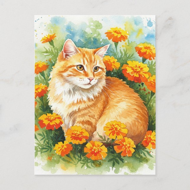 Söt röd katt med ringblomma vykort (Framsida)
