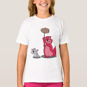 Söt Röd Katt och Grå Mus Tjejtröja - Lekfull T Shirt